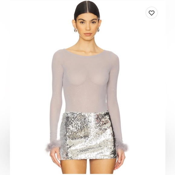 More to Come Grey Sparkle Mesh Feather Cuff Bodysuit - NWT - Size small - Picture 1 of 5